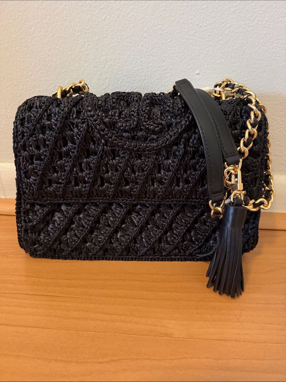 Black Woven Chain-Strap Shoulder Bag with Tassel